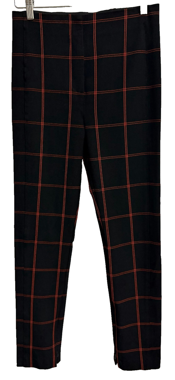 Ann Taylor Pants Women 2 Black Red Plaid Windowpane Stretch Ankle Zip Leggings